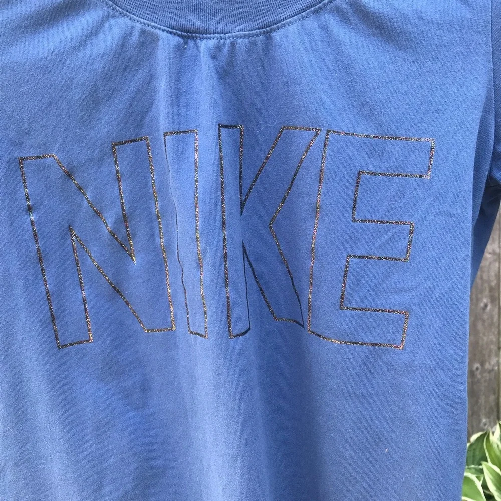 “The Nike” Dri-Fit blue Tee with bling silvery iridescent Nike chest spellout XS